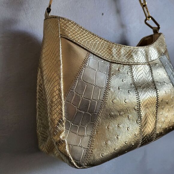 Vintage Vegan Leather Croc Snake Embossed Gold Link Strap Shoulder Bag Small - Picture 3 of 13